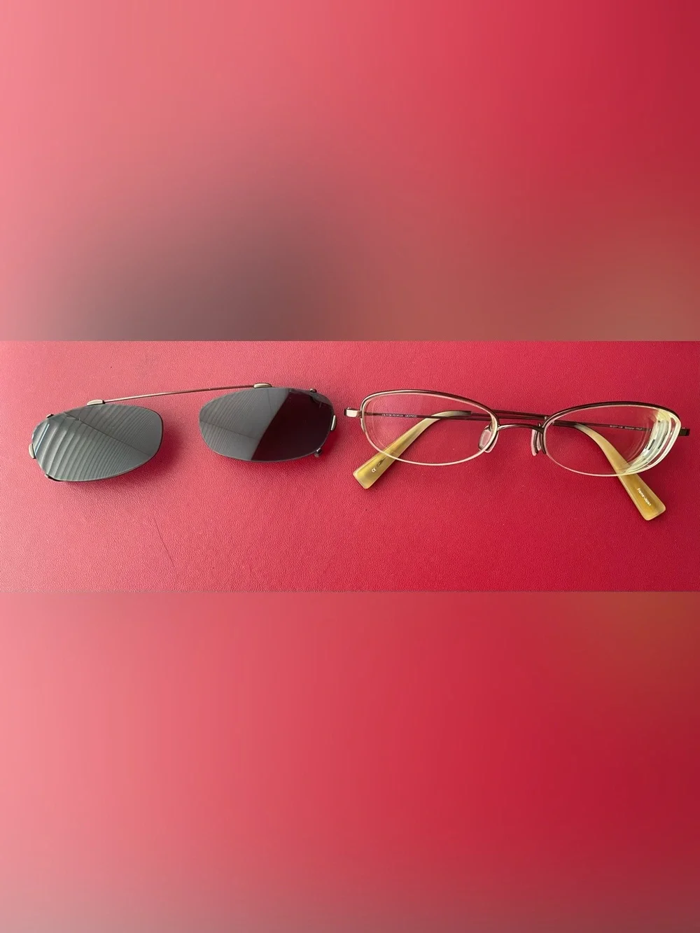 Oliver Peoples Gold Frame Prescription Glasses with Amber Temples &Dark Clip-On